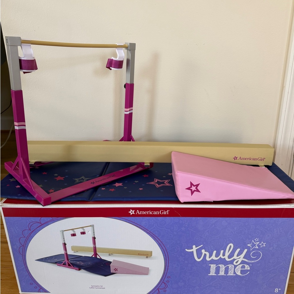 American Girl Pink and Blue Gymnastics Set with Beam, Bars, Wedge and Mat.